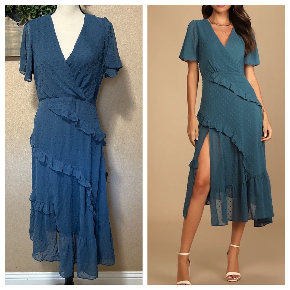 NWT Next to You Slate Blue Swiss Dot Ruffled Midi Dress - Picture 1 of 9